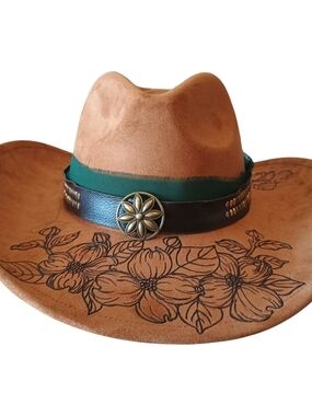 Tan Suede Western Flower-Stamped Cowboy Hat with Green Band